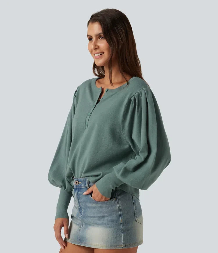 Henley Neck Puff Long Sleeve Relaxed Work Jumper