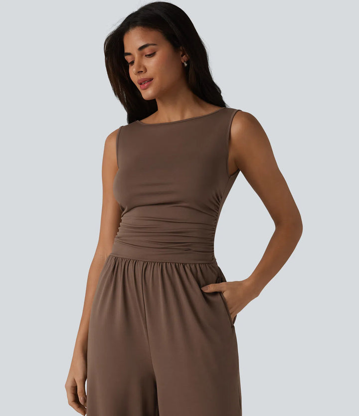 Boat Neck Sleeveless Ruched Wide Leg Casual Dungarees with Pockets-Easy Peezy Edition