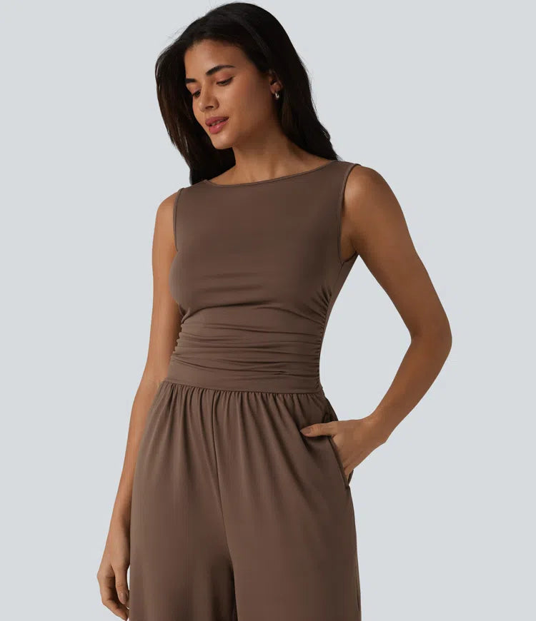 Boat Neck Sleeveless Ruched Wide Leg Casual Dungarees with Pockets-Easy Peezy Edition