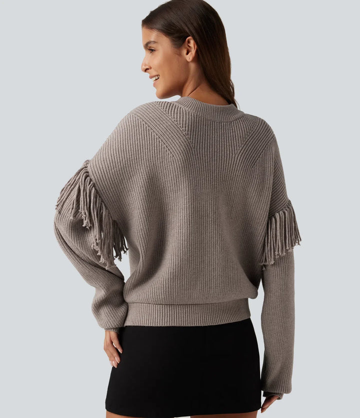 Round Neck Long Sleeve Fringe Work Jumper