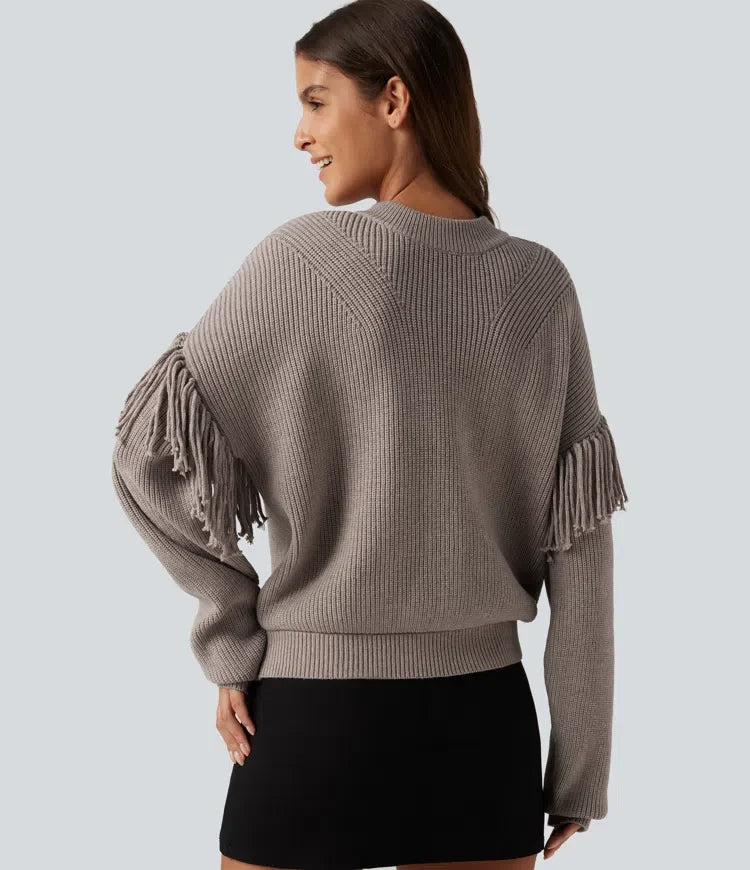 Round Neck Long Sleeve Fringe Work Jumper