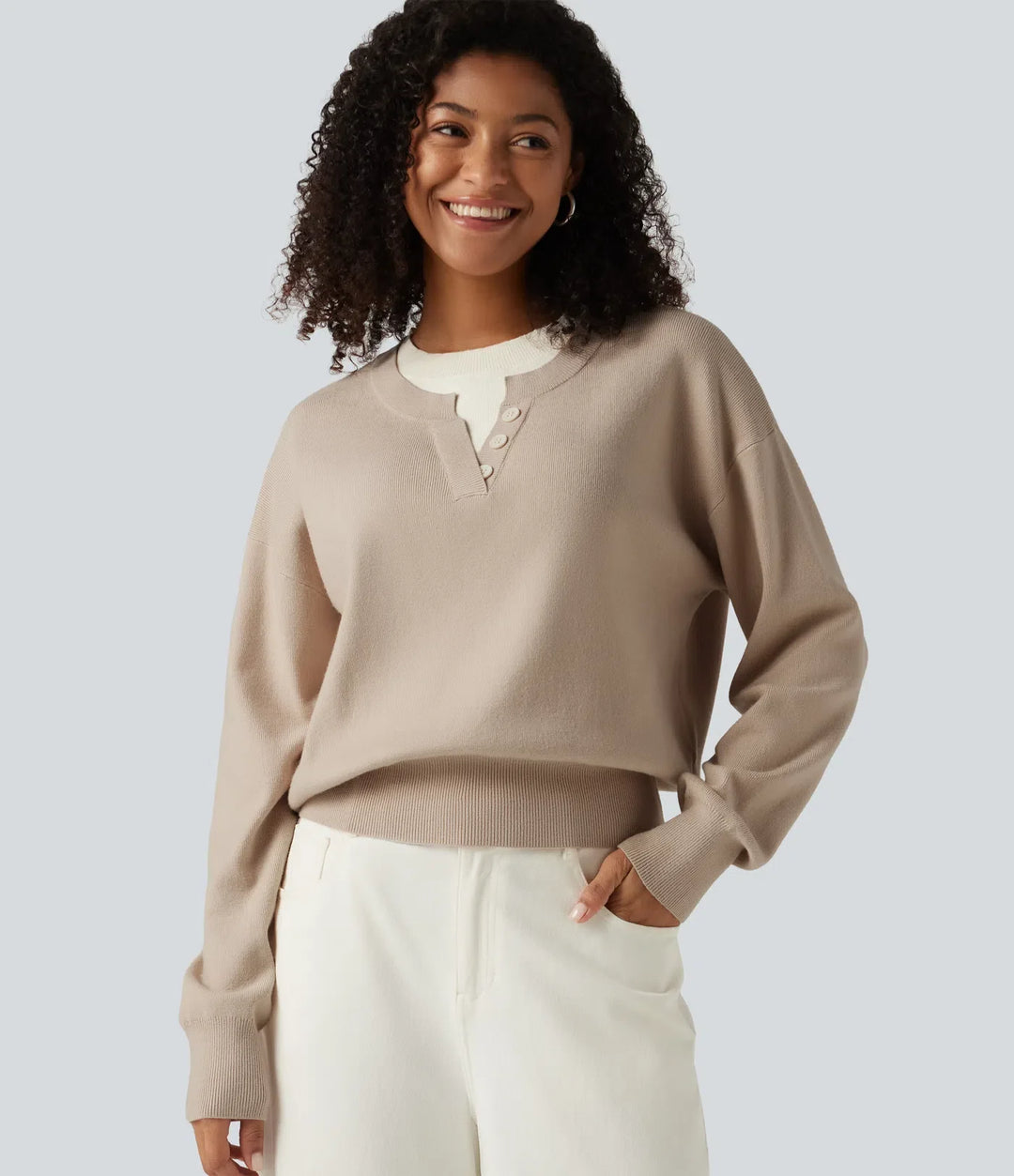 Round Neck Dropped Long Sleeve Color Block Work Jumper
