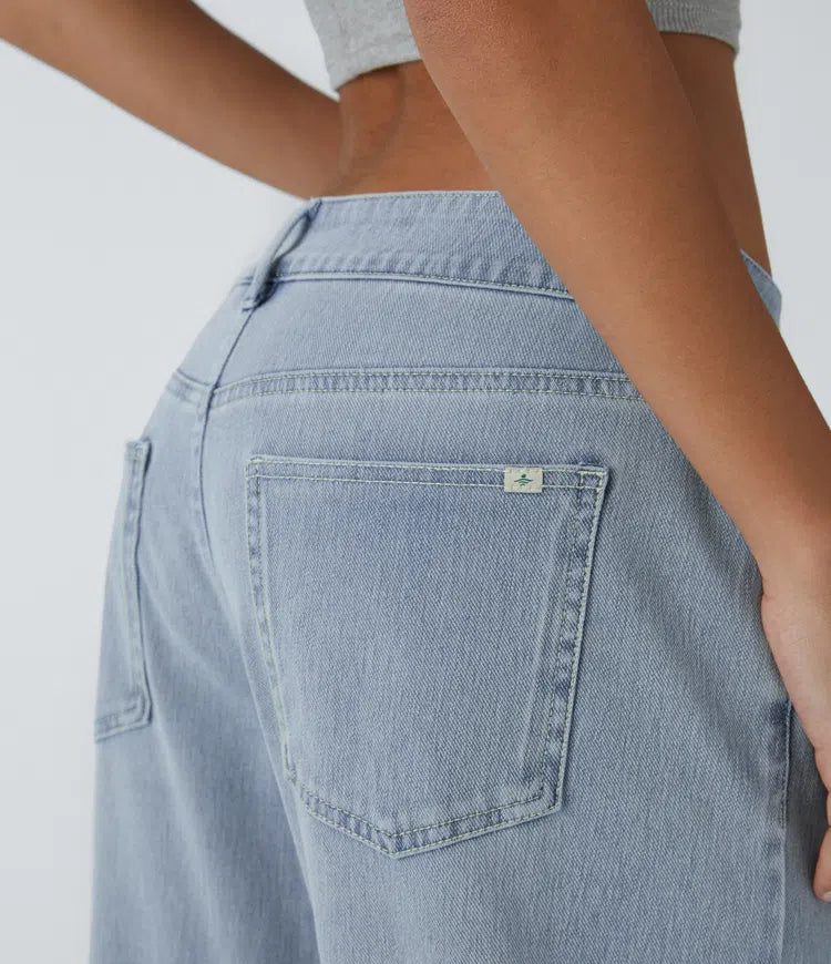 Halara Flex Asymmetric Low Rise Zipper Pockets Baggy Wide Leg Washed Casual Jeans