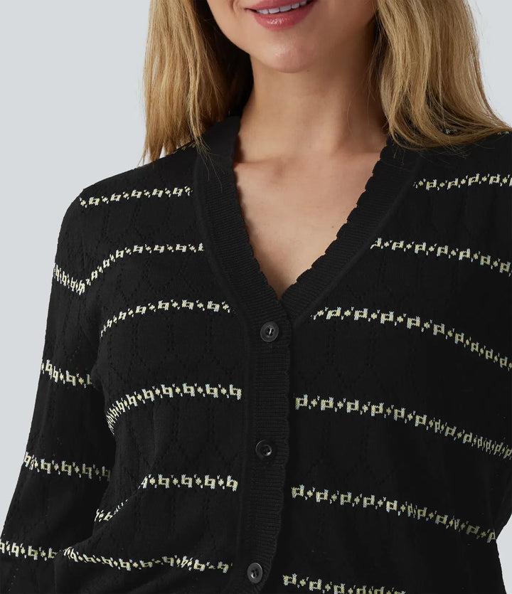 V Neck Long Sleeve Color Block Jumper Knit Cardigan