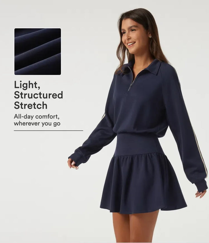 Lapel Long Sleeve Raglan Side Stripe Casual Mini Sweatshirt Dress