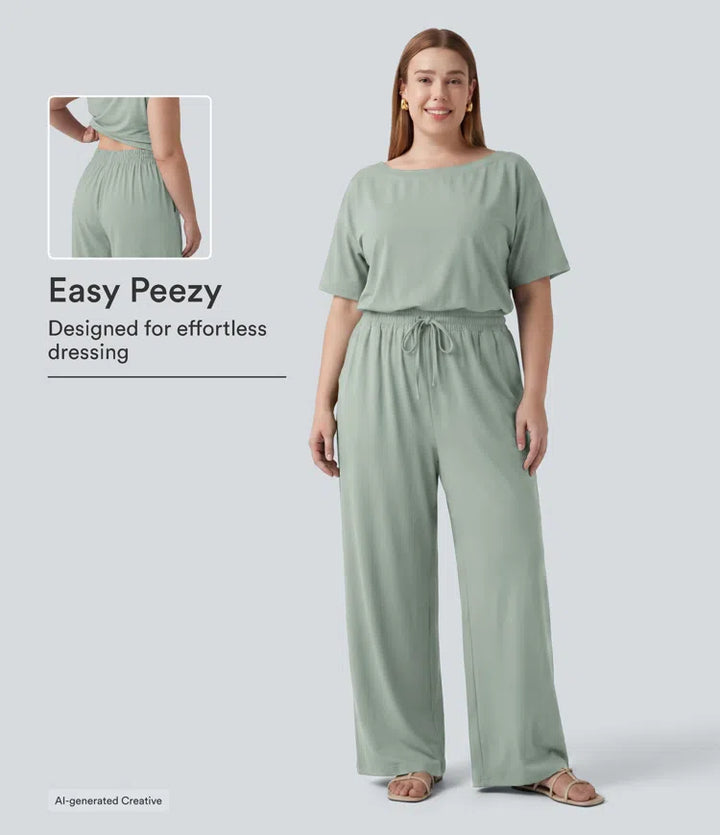 Plus Size Boat Neck Short Sleeve Drawstring Baggy Casual Jumpsuit with Pockets-Easy Peezy Edition