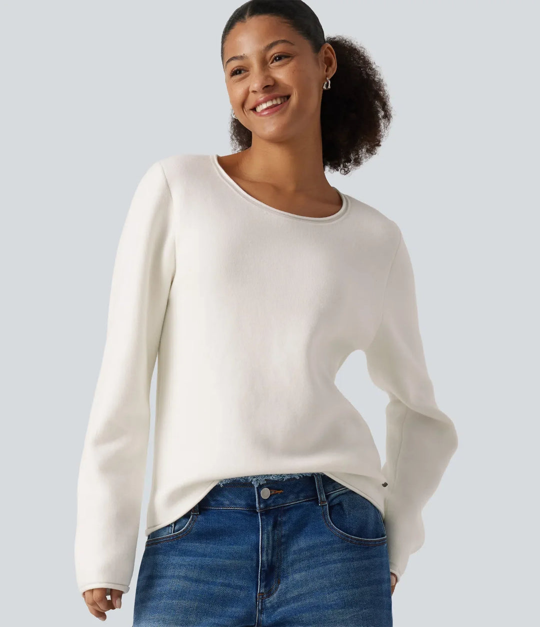 Round Neck Dropped Shoulder Long Sleeve Jumper