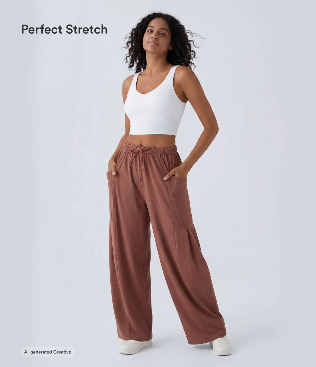Mid Rise Elastic Waistband Drawstring Side Pocket Palazzo Flowy Wide Leg Casual Trousers