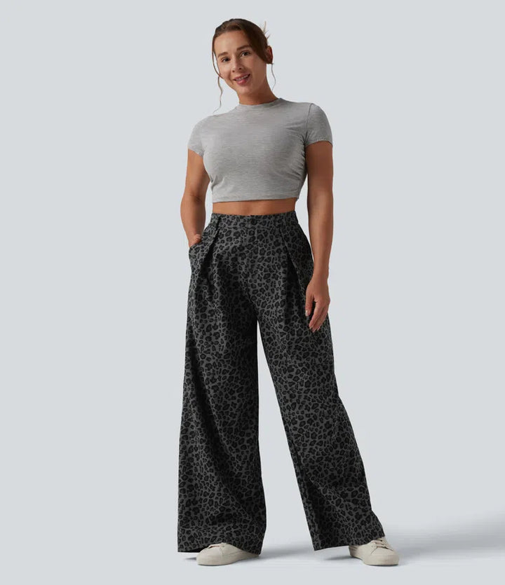 Mid Rise Wide Leg Leopard Print Casual Trousers with Pockets