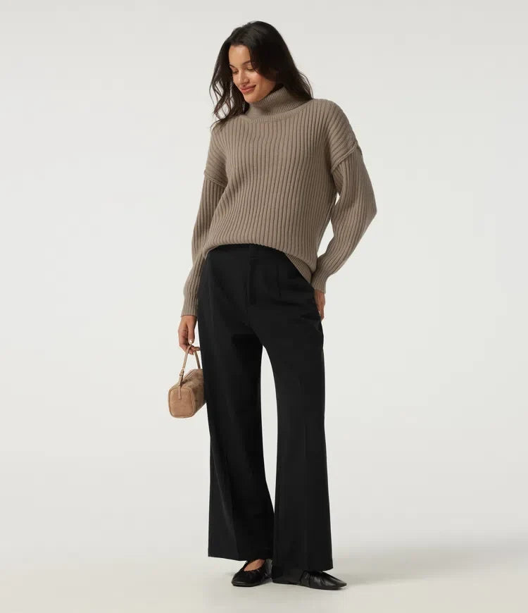 High Neck Long Sleeve Dropped Shoulder Casual Wool-Blend Jumper