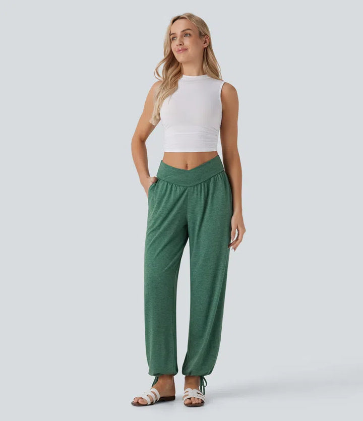 Crossover High Waisted Side Pocket Drawstring Casual Joggers