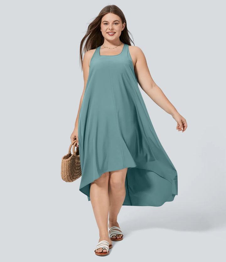 Breezeful Backless Racerback Side Pocket High Low Flowy Midi Quick Dry Casual Plus Size Dress
