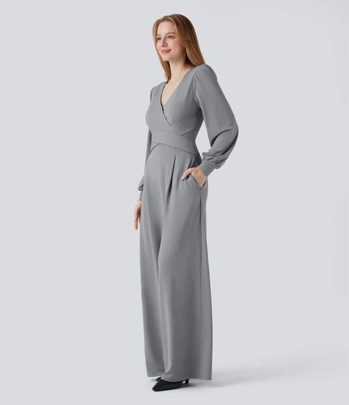 V-neck Puff Long Sleeve Crossover Work Jumpsuit with Pockets-Easy Peezy