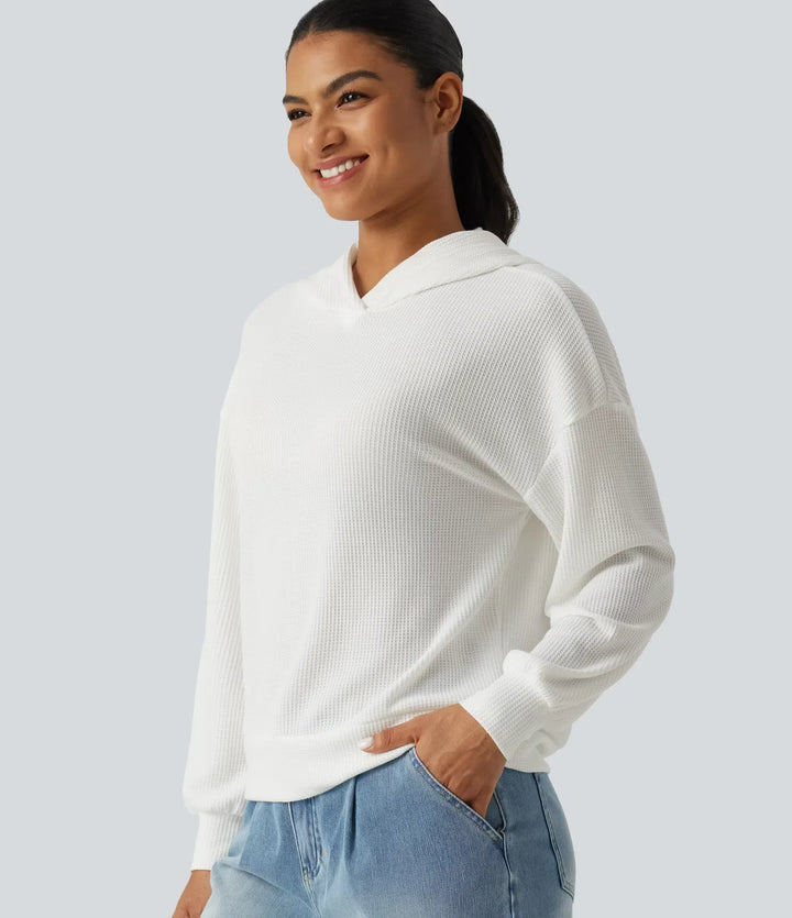 Hooded Drop Shoulder Long Sleeve Waffle Casual Sweatshirt