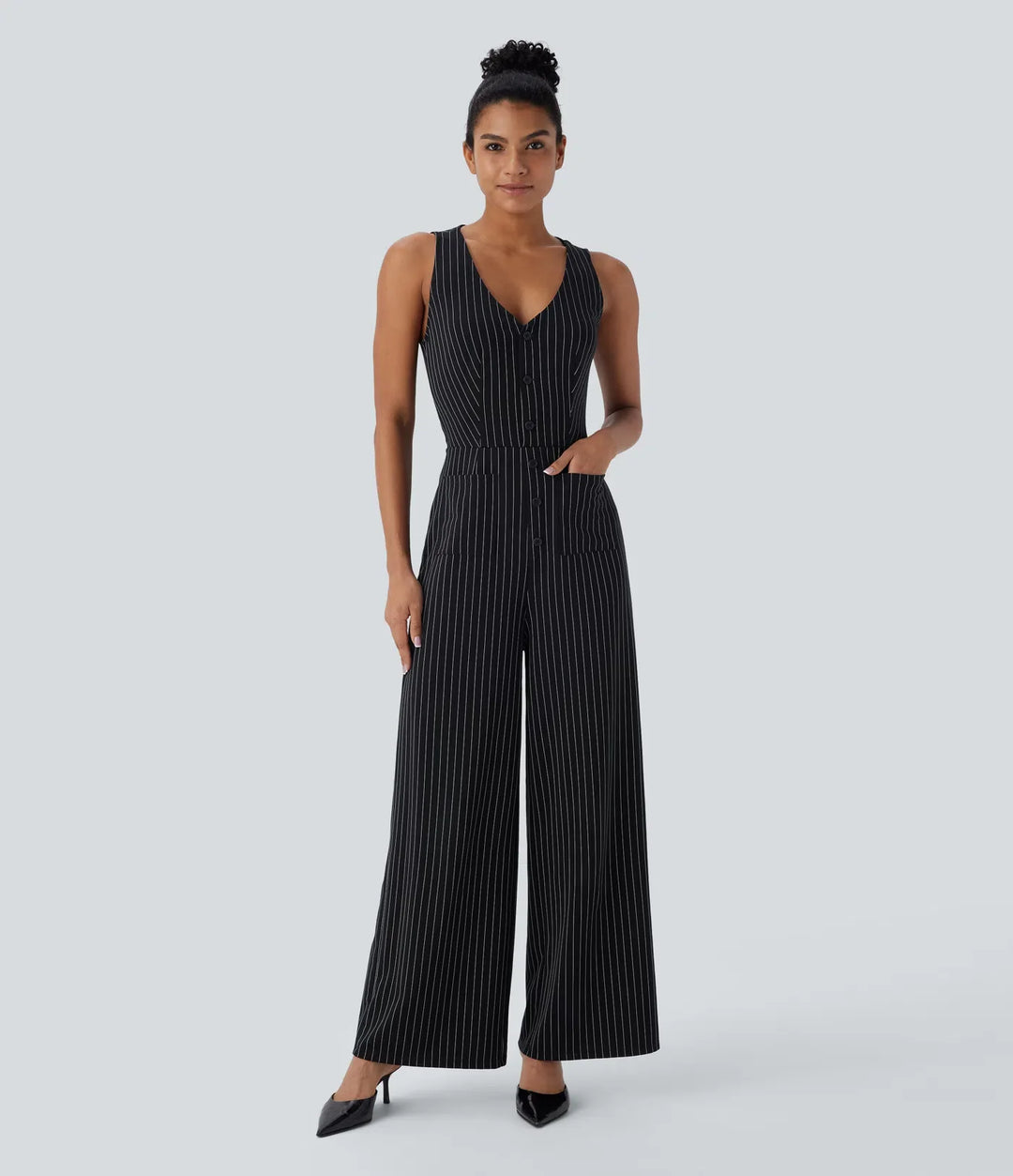 V Neck Sleeveless Cut Out Pockets Wide Leg Stripe InstantCool Work Jumpsuit