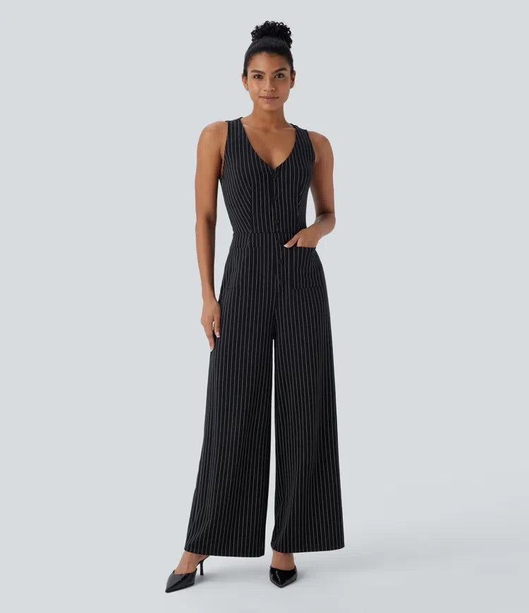 V Neck Sleeveless Cut Out Pockets Wide Leg Stripe InstantCool Work Jumpsuit