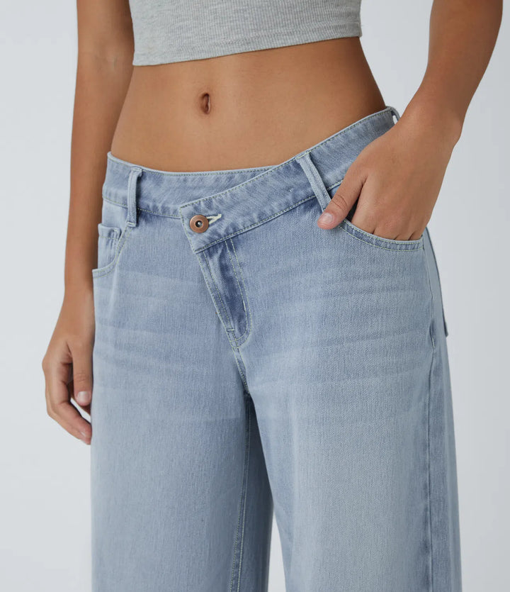 Halara Flex Asymmetric Low Rise Zipper Pockets Baggy Wide Leg Washed Casual Jeans