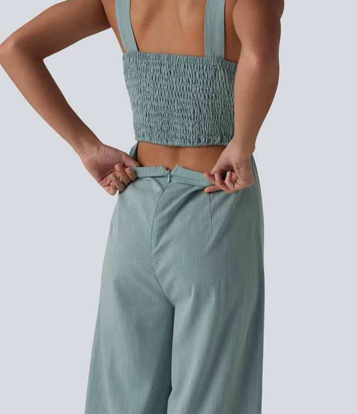 Square Neck Shirred Linen-Feel Jumpsuit-Easy Peezy Edition