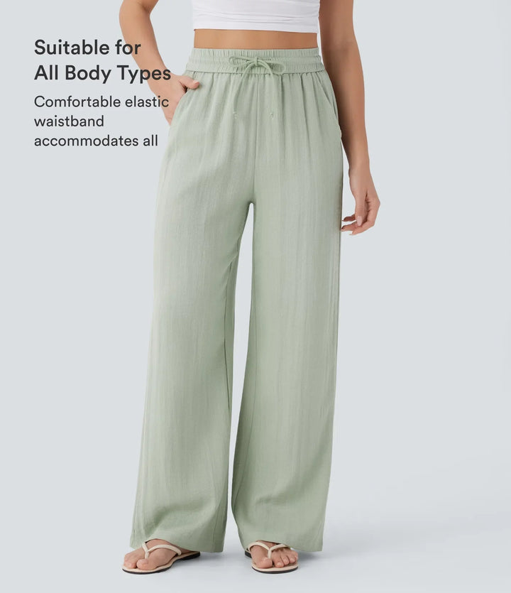 High Waisted Drawstring Pocket Wide Leg Baggy Casual Linen-Feel Trousers