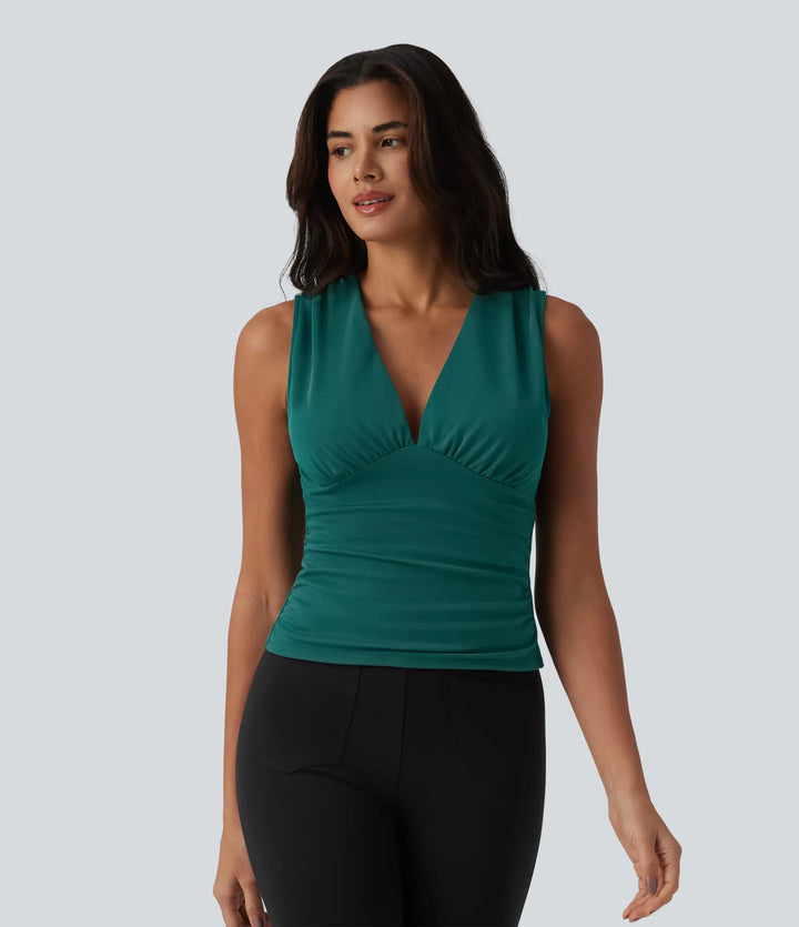 V Neck Ruched Built-in Bra Work Tank Top