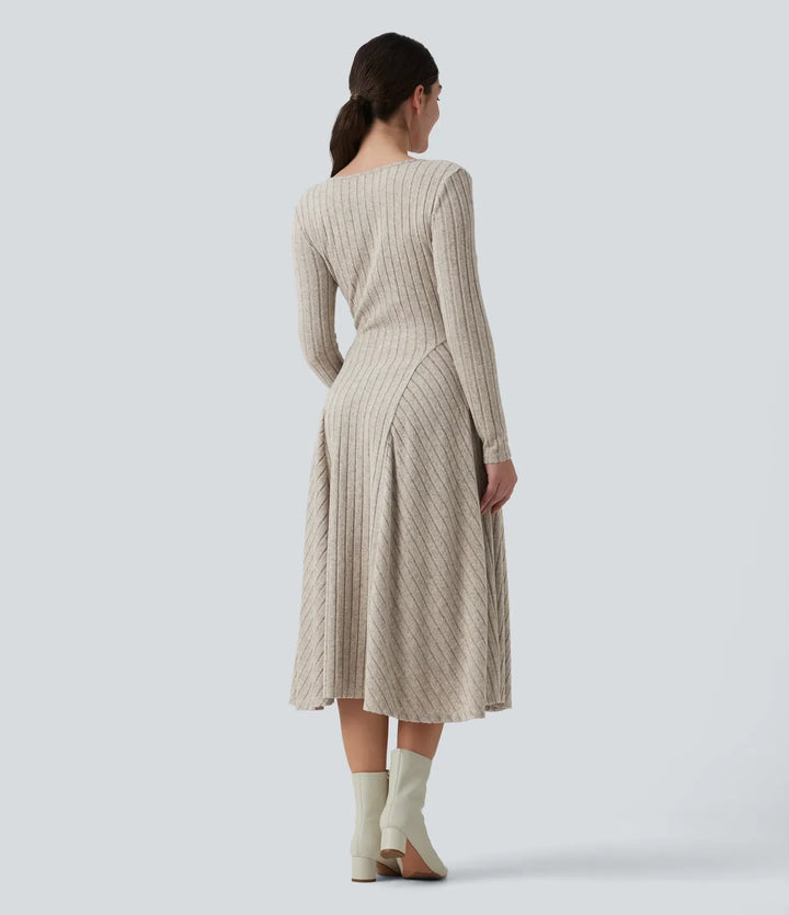 Ribbed Knit V Neck Long Sleeve Flare Midi Casual Dress with Pockets