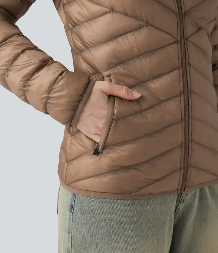 Packable Stand Collar Long Sleeve Zipper Casual Synthetic Down Jacket with Pockets