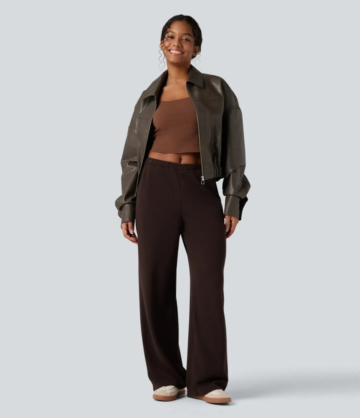 Zipper Long Sleeve Casual Faux Leather Jacket with Pockets
