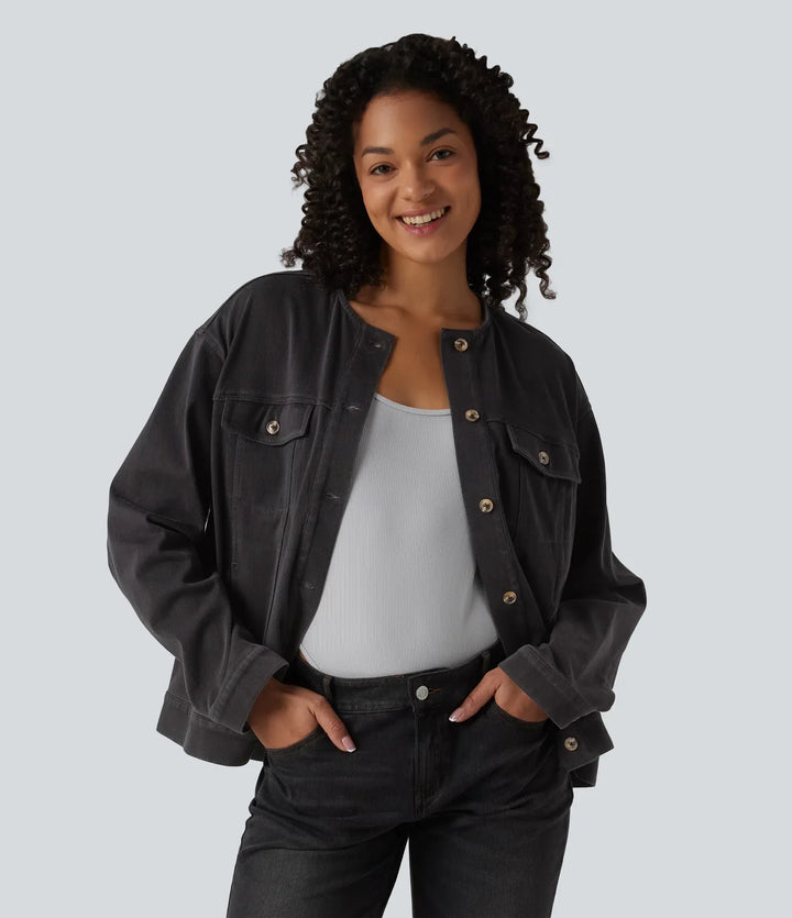 Halara Flex Round Neck Long Sleeve Denim Casual Jacket with Pockets