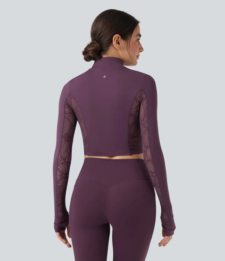 SoftlyZero Thumb Holes Contrast Lace Double Zipper Yoga Jacket