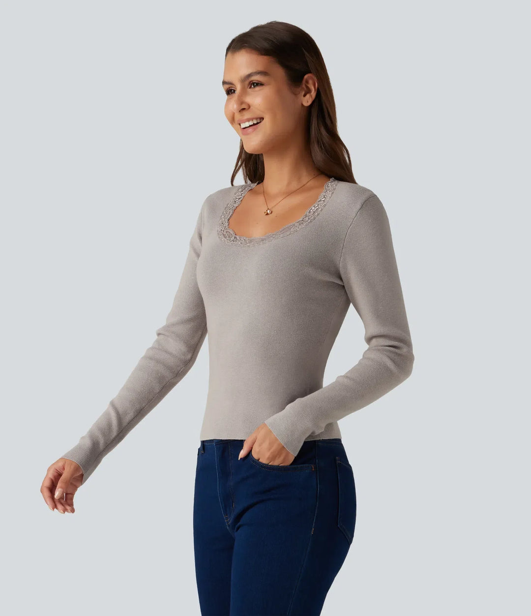 Round Neck Long Sleeve Contrast Lace Casual Jumper