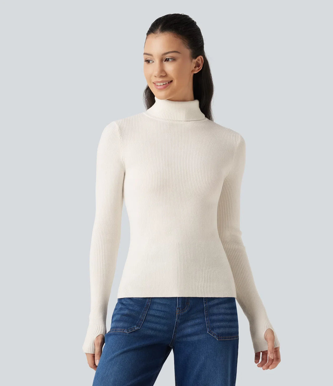High Neck Long Sleeve Thumb Hole Work Wool-Blend Jumper