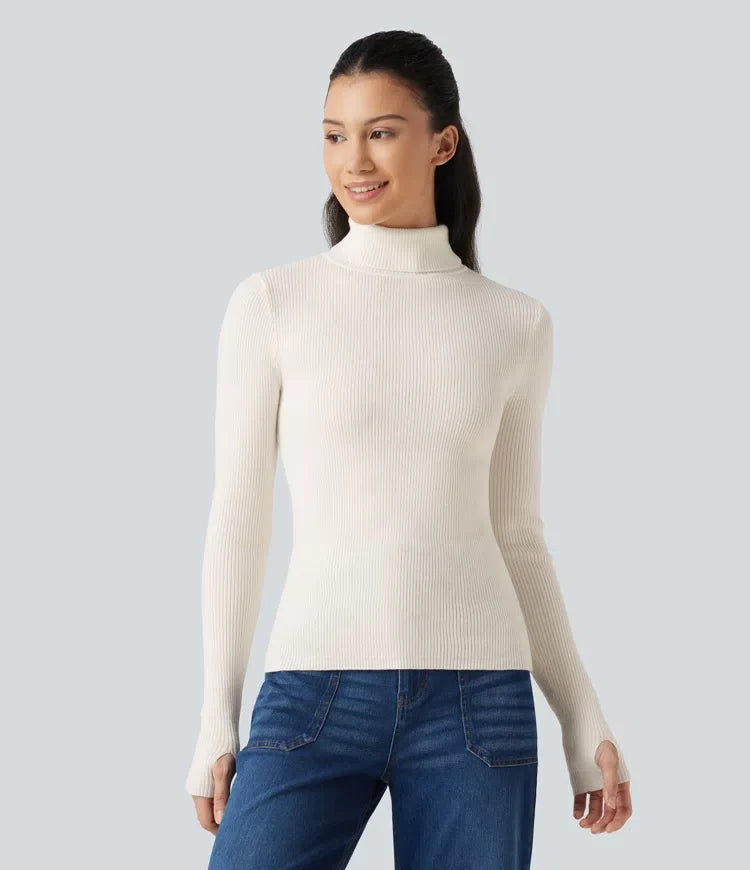 High Neck Long Sleeve Thumb Hole Work Wool-Blend Jumper