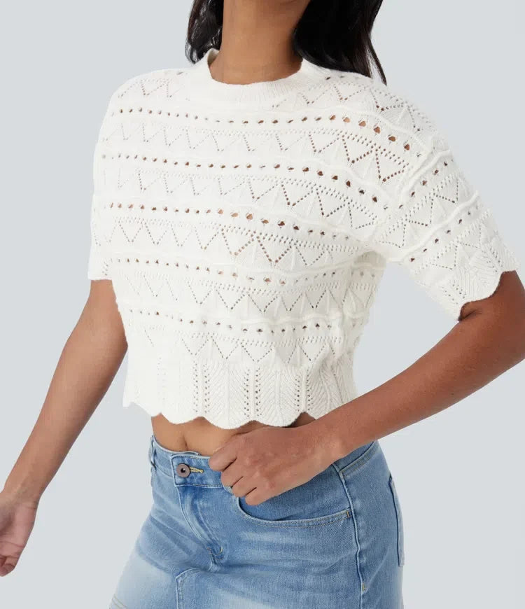 Round Neck Short Sleeve Scallop Hem Open Knit Casual Jumper