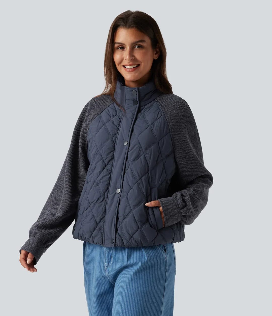 High Neck Long Sleeve Raglan Casual Padded Jacket with Pockets