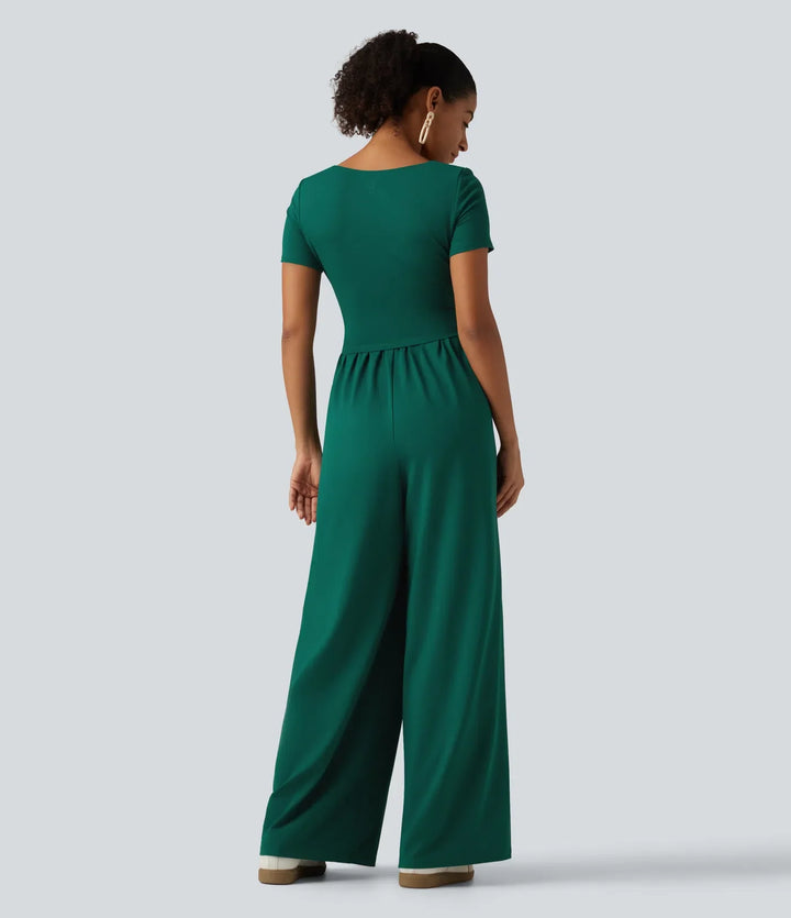 Square Neck Short Sleeve Wide Leg Casual Jumpsuit with Pockets - Easy Peezy Edition