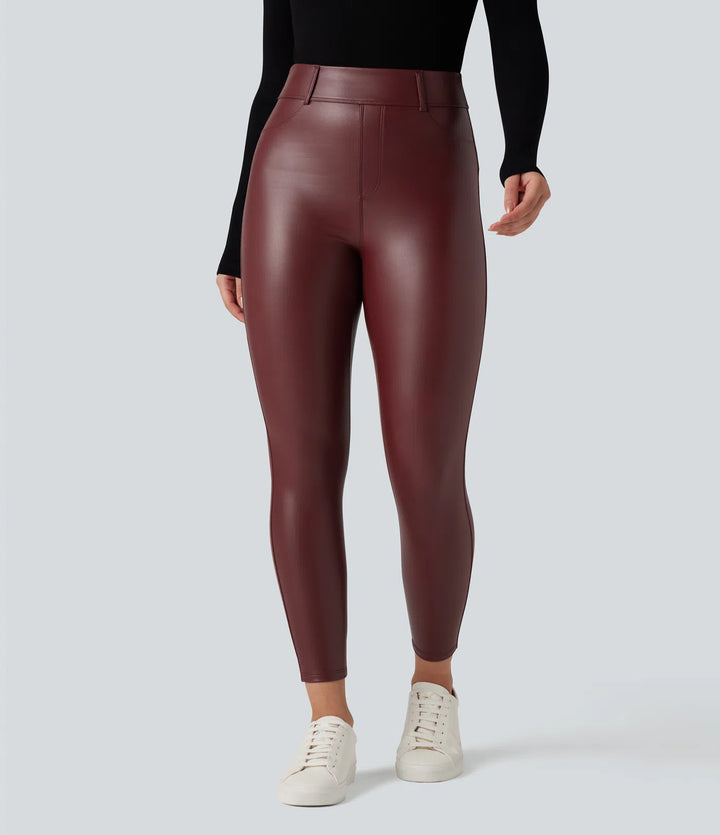 High Waisted Stretchy PU Fleece Casual Leggings with Pockets