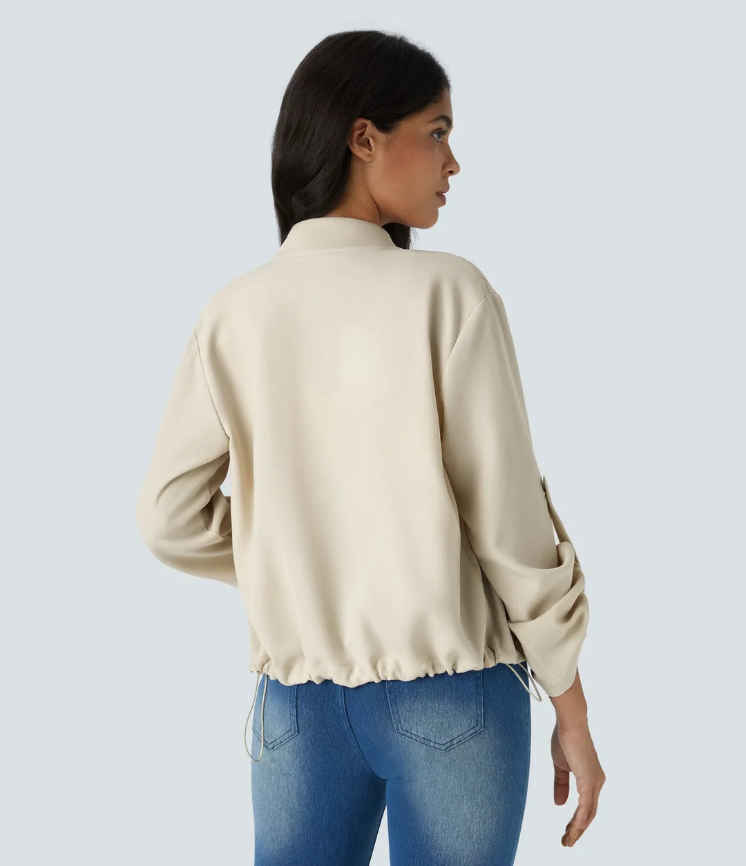 Stand Collar Roll Tab Sleeve Flap Pocket Inside Drawstring Hem Zip Casual Jacket