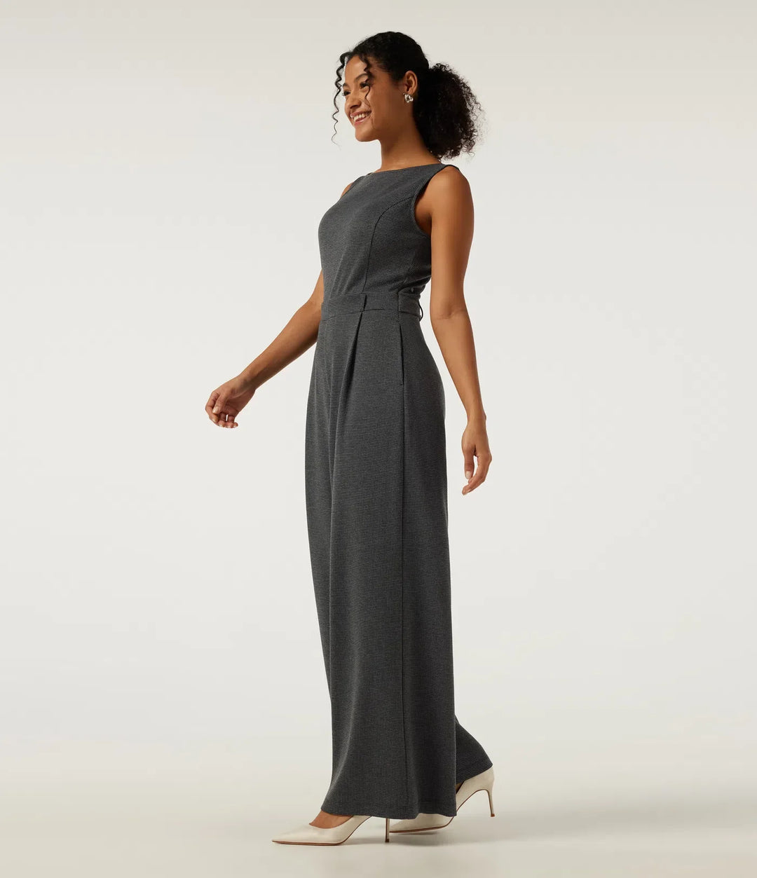 Boat Neck Sleeveless Wide Leg Houndstooth Slim Work Jumpsuits with Pockets -Easy Peezy Edition