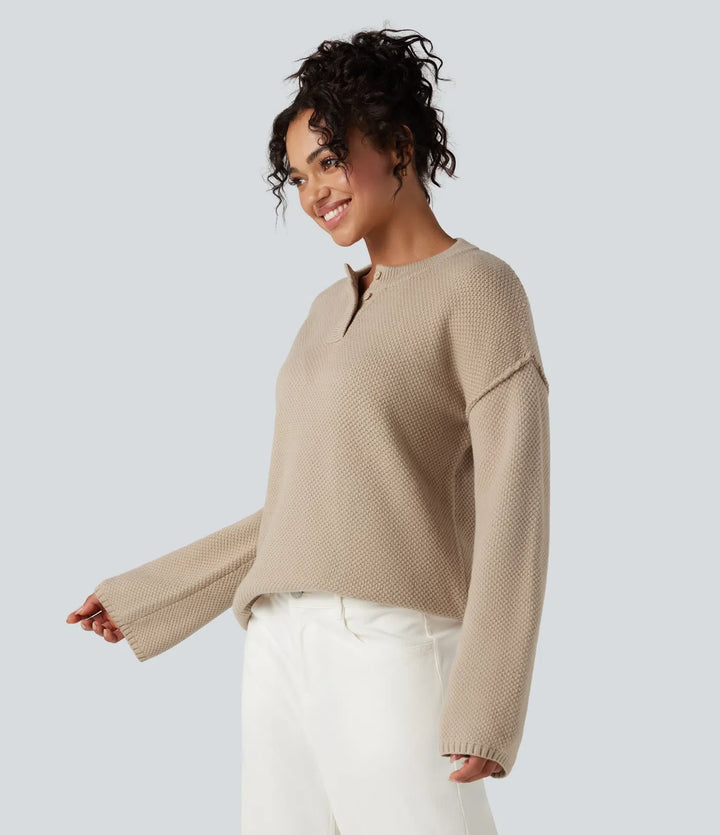 Henley Neck Long Sleeve Waffle Casual Jumper