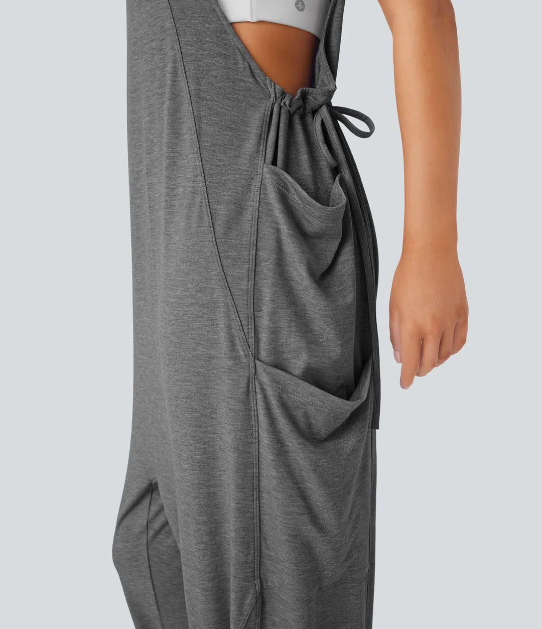 U Neck Drawstring Pockets Casual Jumpsuit