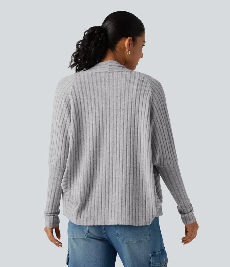 Ribbed Knit Open Front Batwing Long Sleeve Casual Cardigan