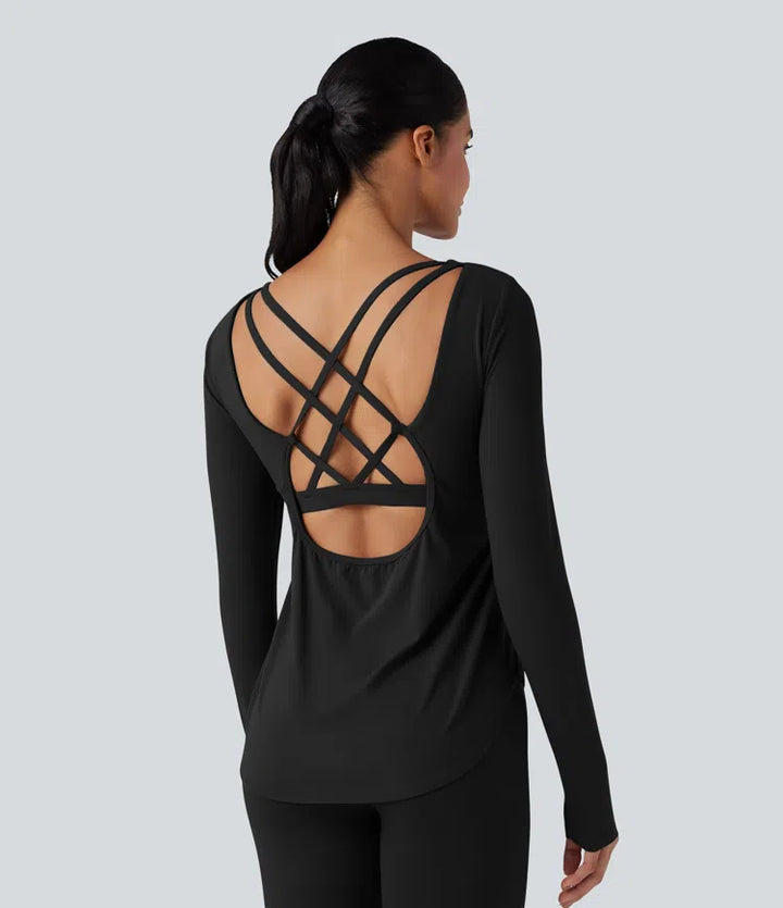 Halara UltraSculpt Crisscross Backless Long Sleeve Curved Hem Training Sports Top