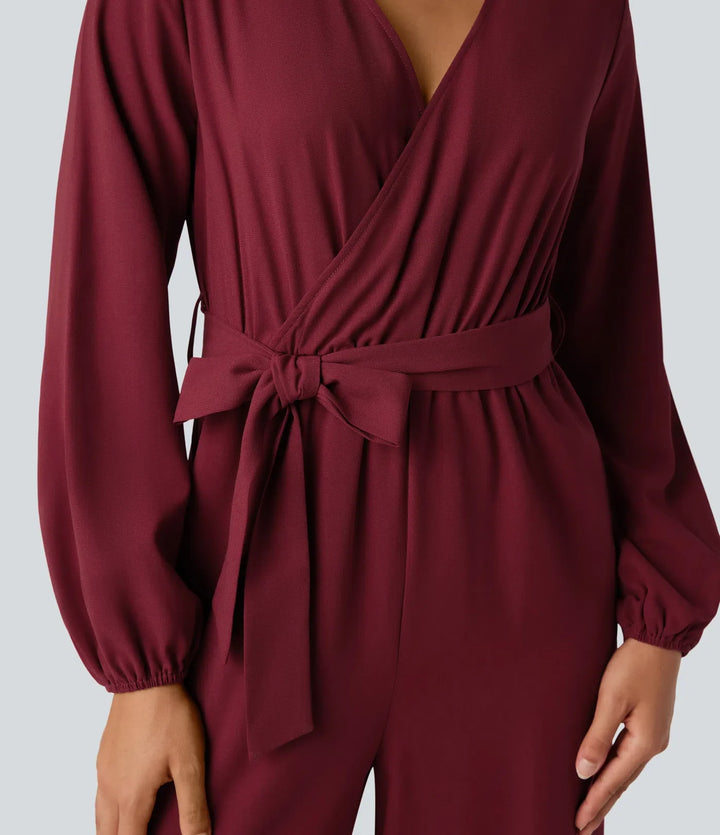 V-neck Puff Long Sleeve Belted Wide Leg Party Jumpsuit with Pockets