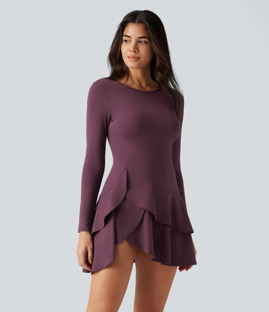 SoftlyZero Airy Round Neck Long Sleeve Layered Ruffle Hem InstantCool Mini Casual Dress