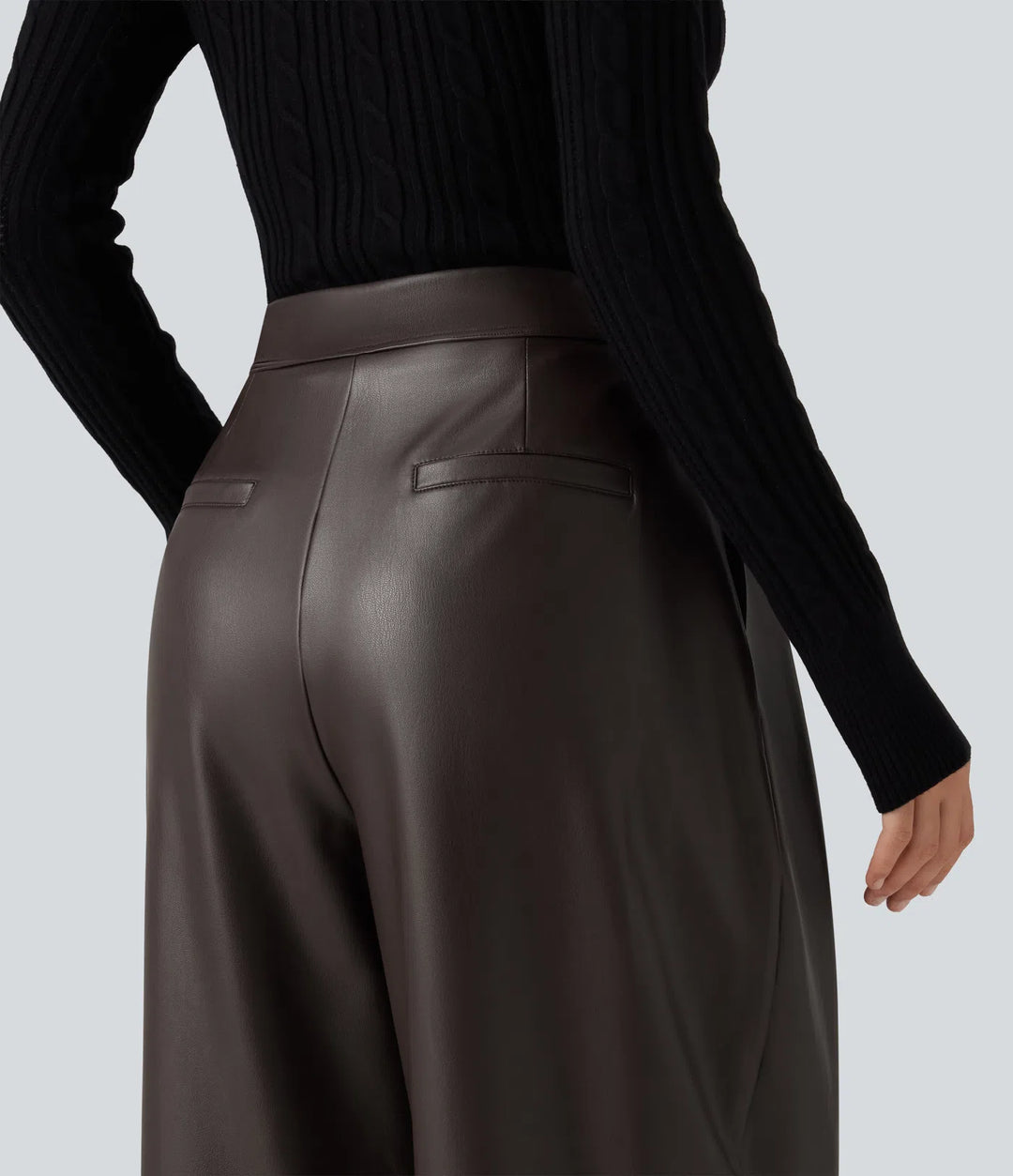 High Waisted Barrel Leg Stretchy PU Fleece Casual Trousers with Pockets
