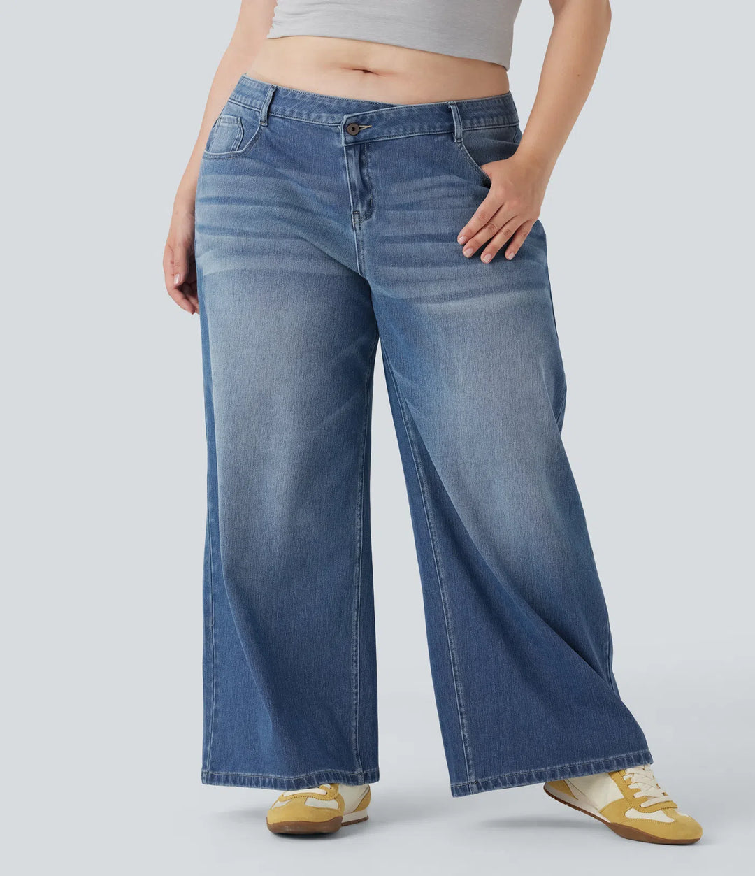 Plus Size Halara Flex Asymmetric Low Rise Wide Leg Washed Casual Jeans with Pockets