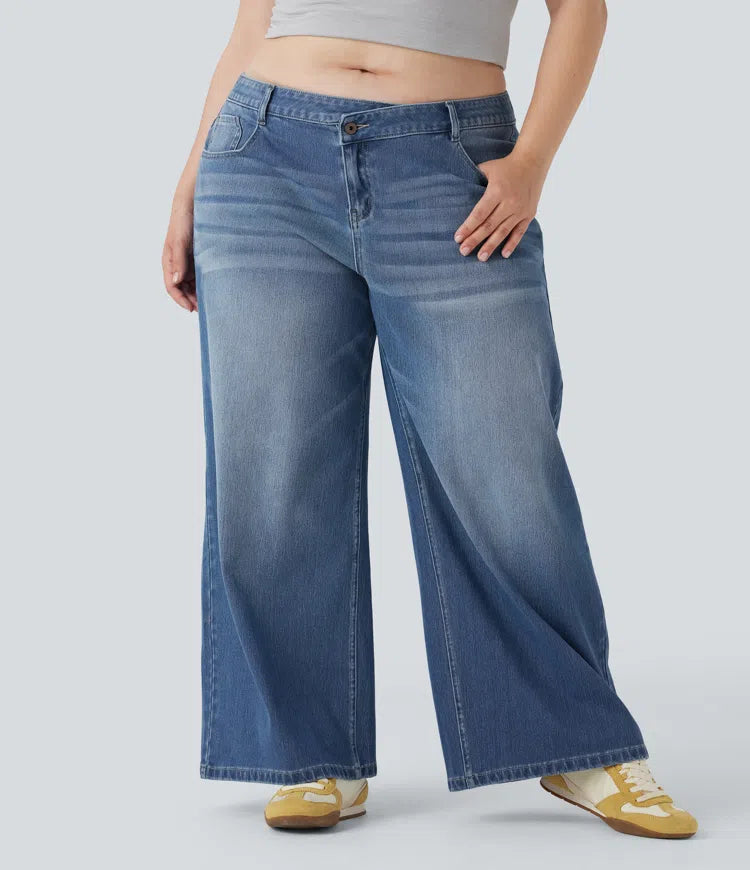 Plus Size Halara Flex Asymmetric Low Rise Wide Leg Washed Casual Jeans with Pockets