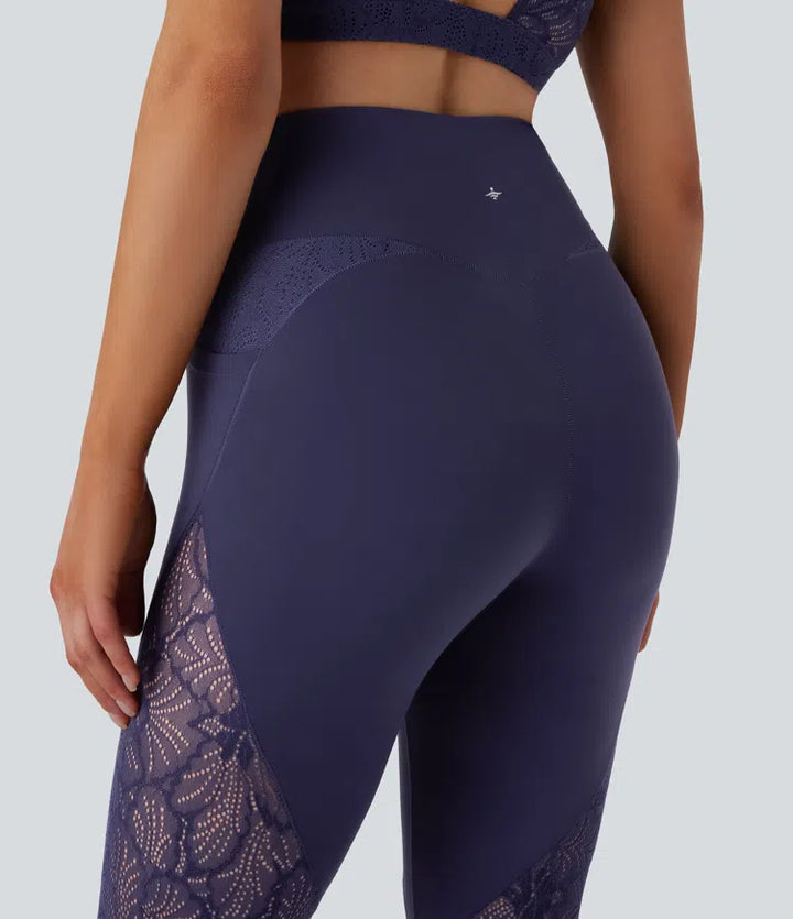 SoftlyZero High Waisted Crossover Pocket Contrast Lace 7/8 Yoga Leggings