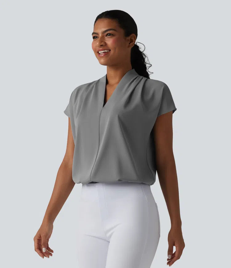 Wrinkle Recovery V-neck Batwing Sleeve Loose Fit Work Blouse