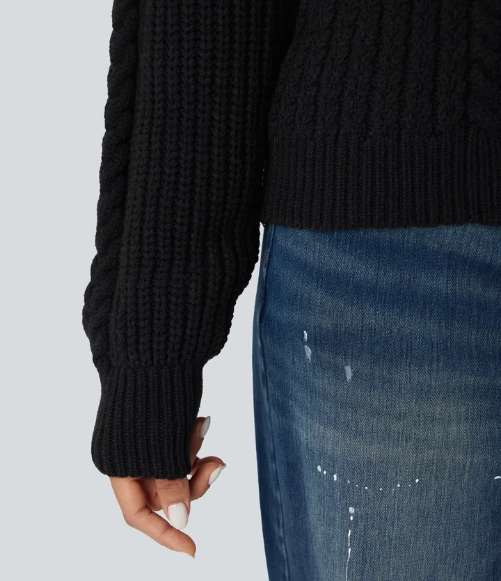 Round Neck Raglan Long Sleeve Relaxed Cable Knit Casual Jumper